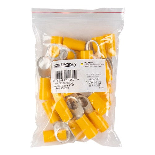 Install Bay YVRT412 Yellow Vinyl Ring Terminal 4 Gauge 1/2 inch - Package of 25