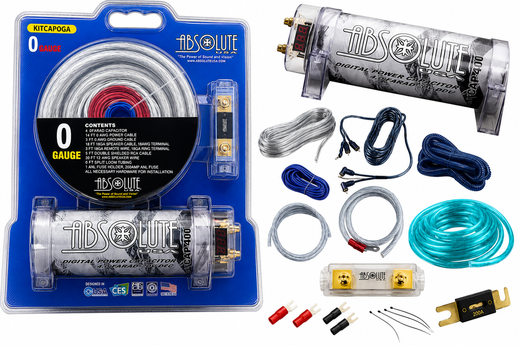 Absolute KITCAP0GASI 0 Gauge Amplifier Installation Kit & 4 Farad Digital Capacitor Package