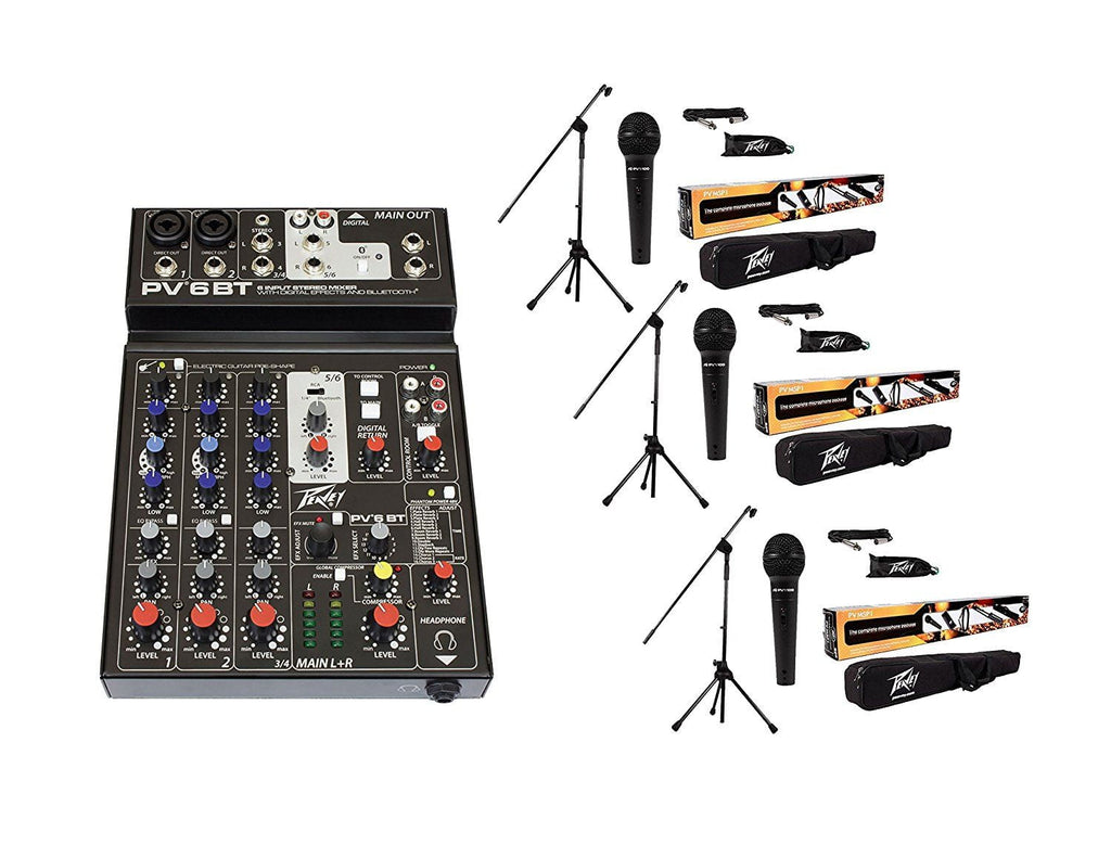 Peavey PV6BT Pro Audio Mixer Bluetooth Effects + 3 MSP-1 1/4" Microphone Stand package