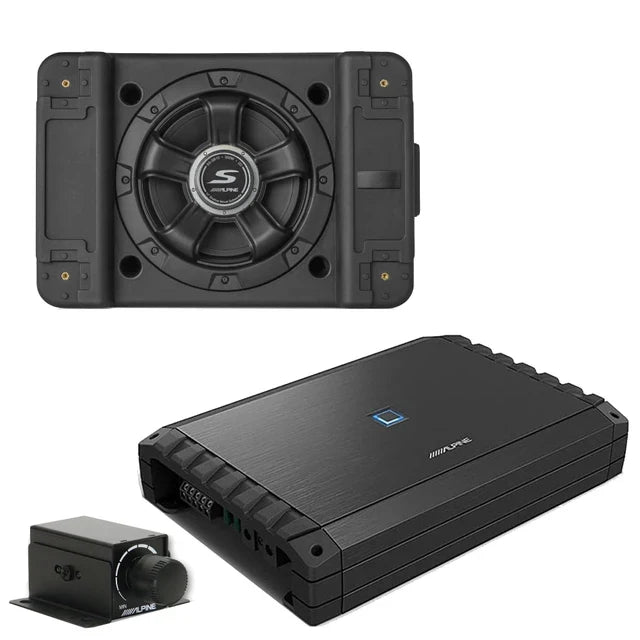 Alpine S2-A55V 5-Ch Amplifier + SS-SB10 10" Shallow Loaded Subwoofer + RUX-KNOB.2 Bass Knob + Accessory Bundle
