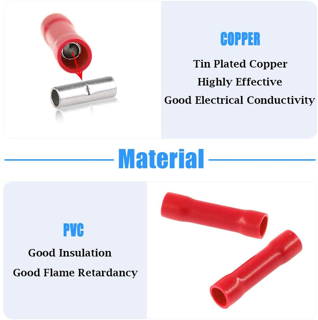 Absolute 500pcs 22-18 Gauge Butt Insulated Splice Terminals Electrical Wire Crimp Connectors Red