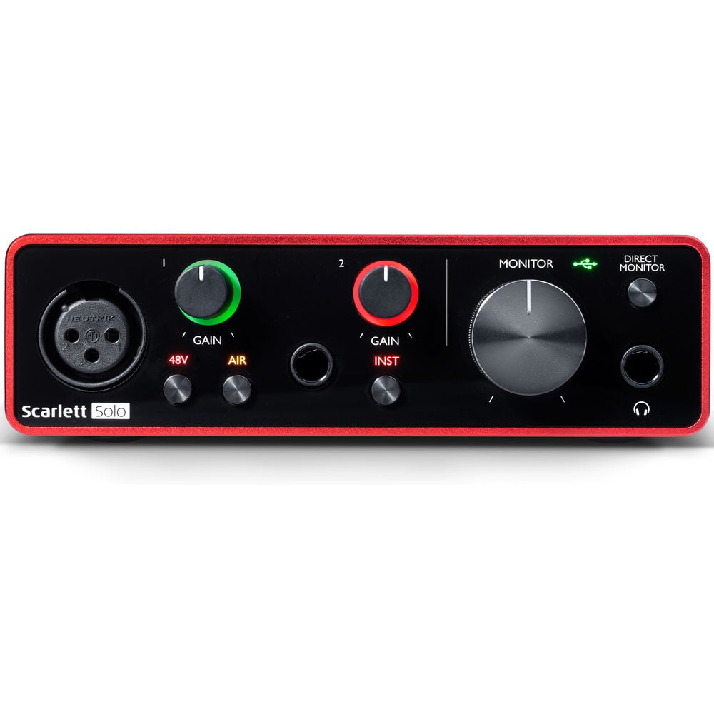 Focusrite Scarlett Solo 4rd Gen USB Audio Interface Bundle Mic Stand + Pop Filter + XLR Cable