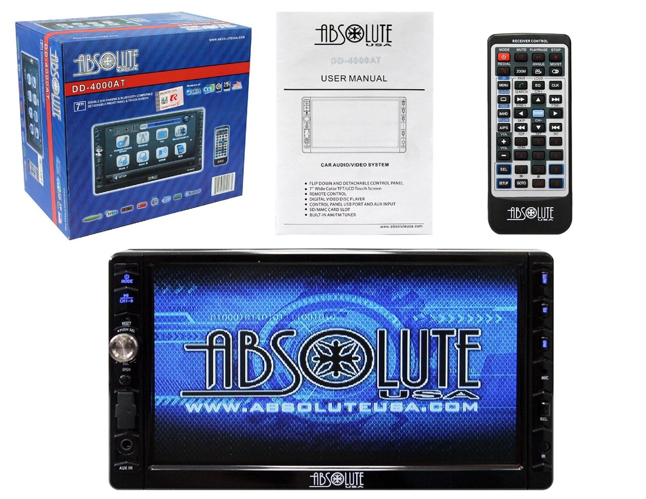 Absolute DD-4000AT 7-Inch Double Din Multimedia DVD / CD / MP3 / USB Receiver with Touch Screen System