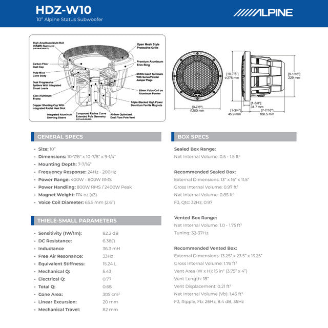 Alpine HDZ-W10 10" Subwoofer 2400W Dual 4-Ohm + Grille