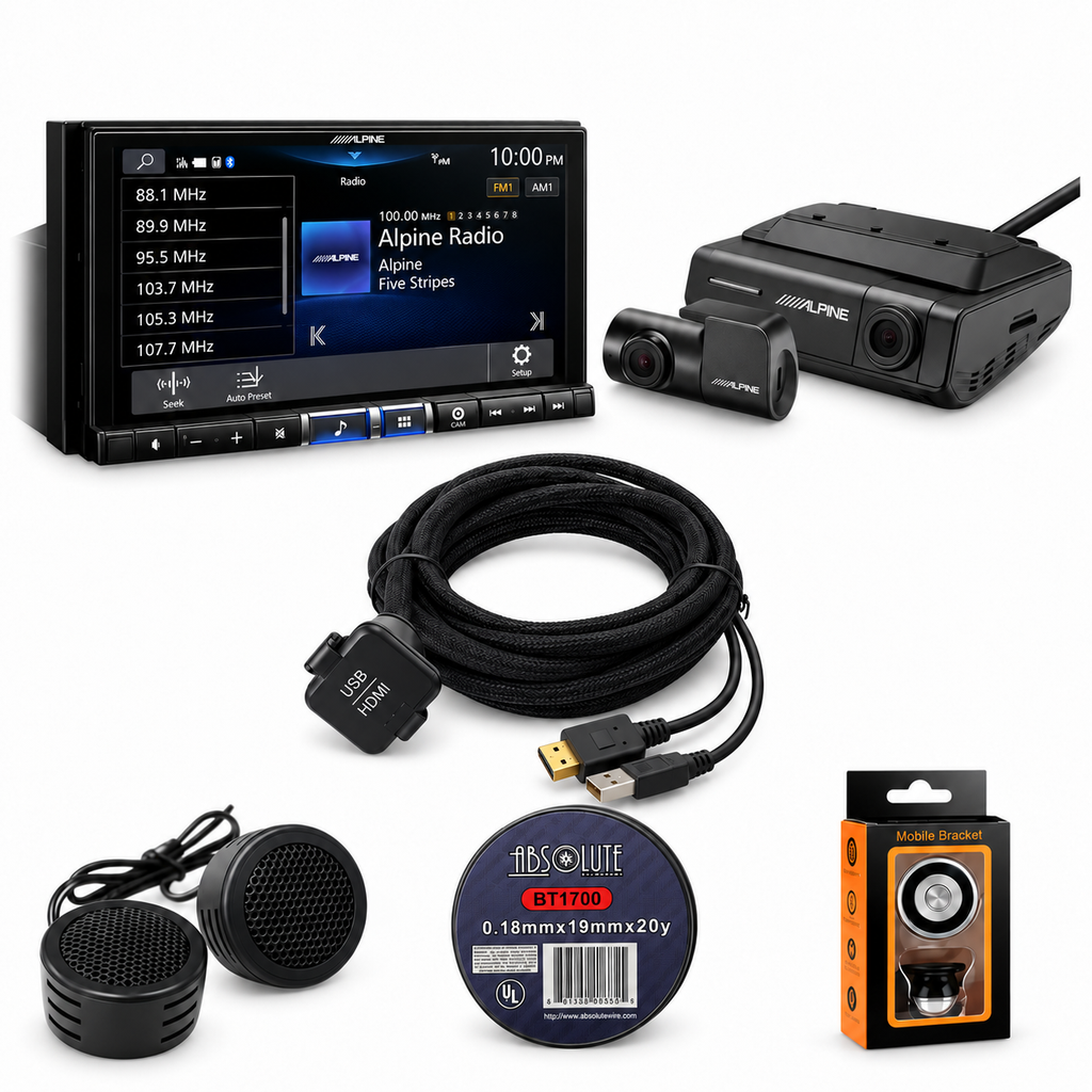 Alpine iLX-507 + KCU-315UH USB/HDMI Extension Cable + DVR-C320R Dash Camera + Absolute Accessory Bundle
