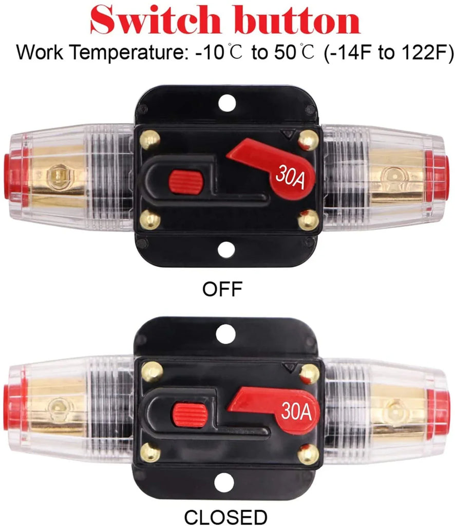 2 Absolute ICB30 4/8 AWG 30 Amp in-line Circuit Breaker Manual Reset with Manual Reset Car Auto Marine Boat Stereo