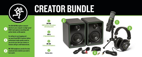 Mackie Creator Bundle USB microphone, studio monitors, and headphones