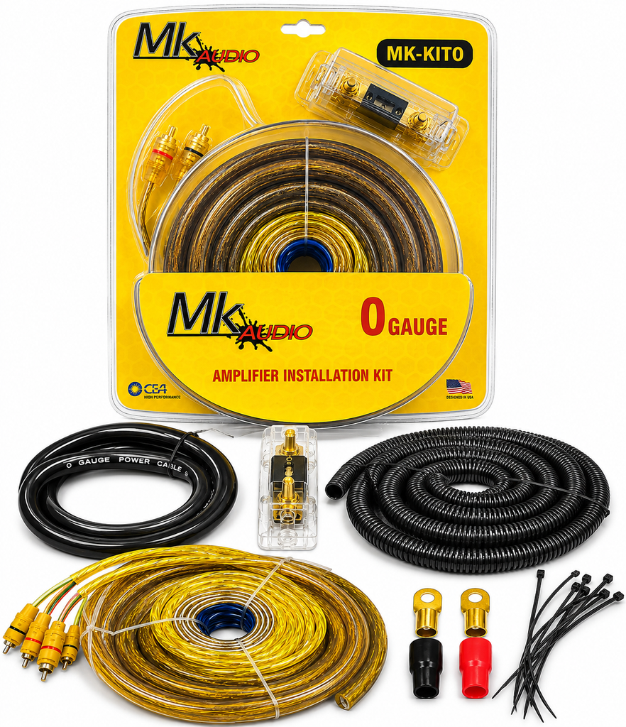 2 MK Audio MK-KIT0 1/0 Gauge Yellow Amplifier Installation Wiring Kit Complete 3000W Car Audio Amp Kit