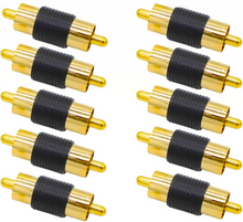 Load image into Gallery viewer, 10 Pack Male to Male Gold RCA cable cord Coupler Joiner barrel Connectors
