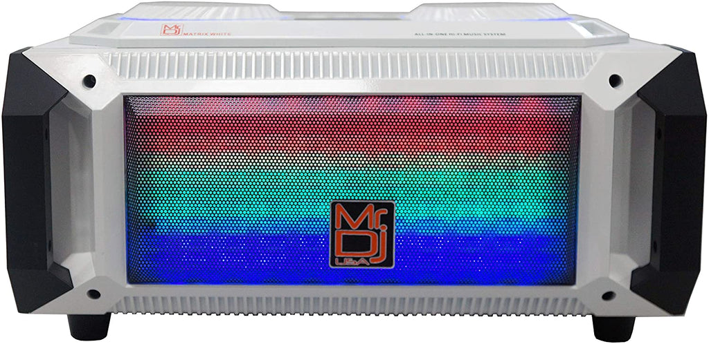 MR DJ Matrix White Bluetooth Speaker Bluetooth Karaoke Machine Sound Activated Lights FM Radio, USB/Micro SD Card, & LED Party Light Perfect for Party