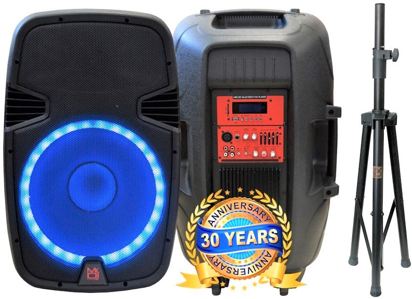 MR DJ PBX2690LB 15" Bluetooth Speaker + Stand 2-way 15" PA DJ 3500 Watts Active Powered Bluetooth Karaoke Speaker with LED Accent Lighting + Speaker Stand