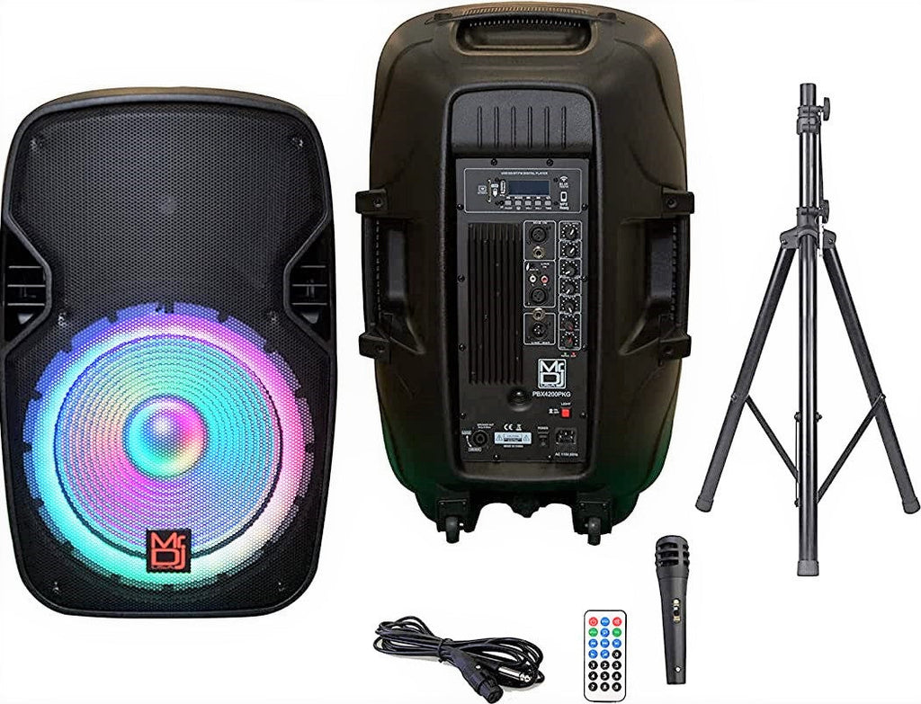 2 MR DJ PBX4200PKG 15" 2-Way PA DJ 3000W Active Powered Bluetooth Karaoke Speaker LED Lighting + Speaker Stand