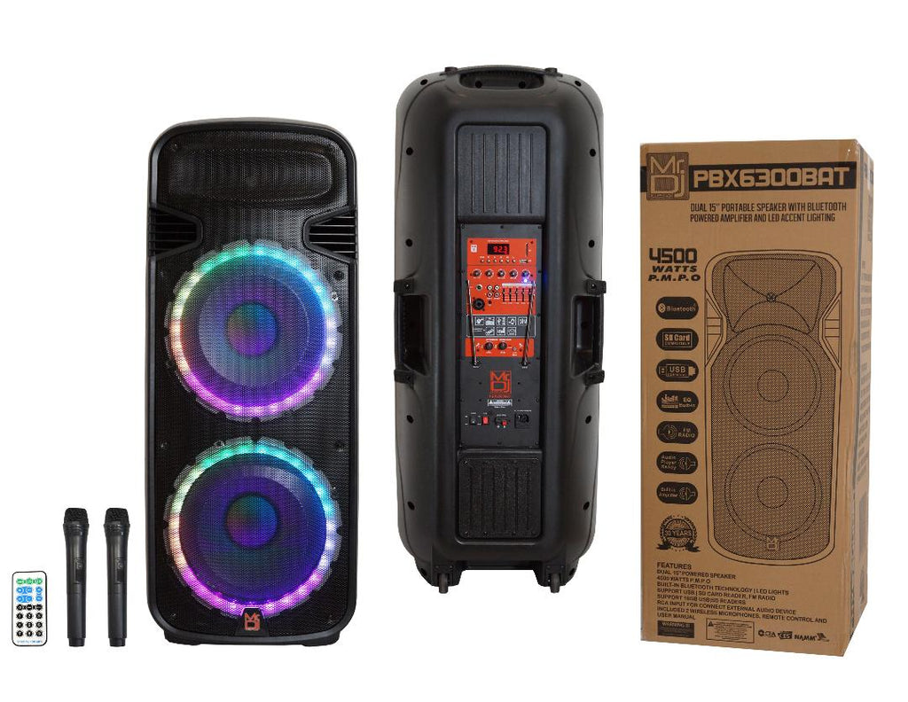 MR DJ PBX6300BAT Dual 15-Inch 4500-Watt Max Power 3 Way PA DJ Party Speaker