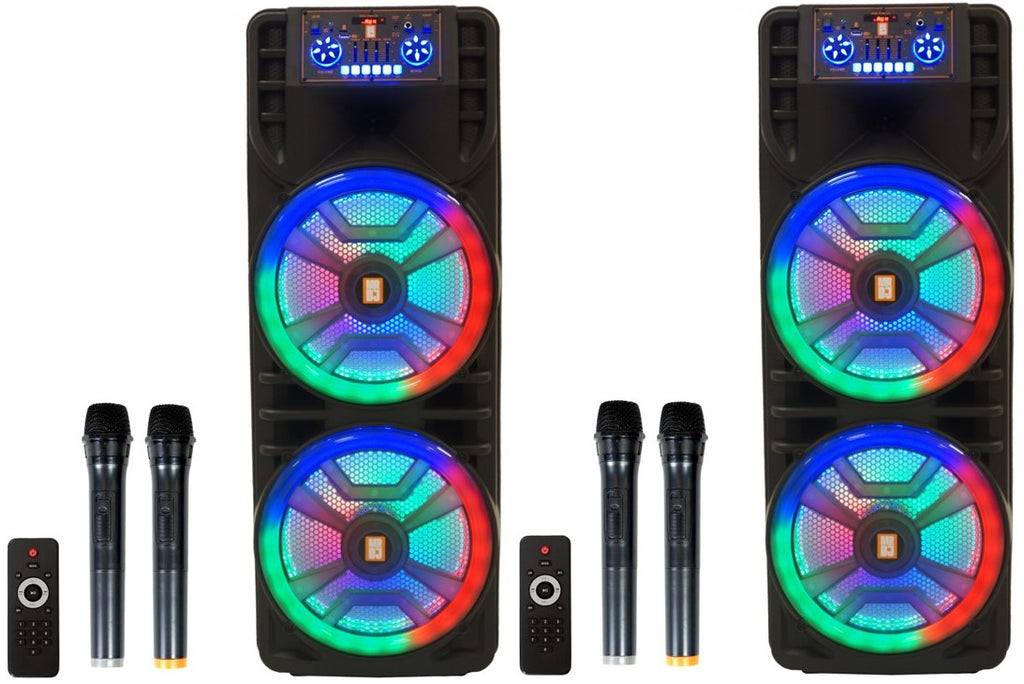 2 MR DJ NEWYORK 2.0 Dual 12” Rechargeable Bluetooth Party Speaker 4000W Portable PA System with Flame LED Lights 2 Wireless Microphones TWS Stereo USB FM Radio