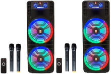 Load image into Gallery viewer, 2 MR DJ NEWYORK 2.0 Dual 12” Rechargeable Bluetooth Party Speaker 4000W Portable PA System with Flame LED Lights 2 Wireless Microphones TWS Stereo USB FM Radio