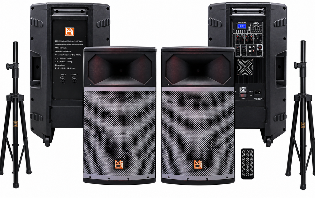 MR DJ PRO115BT & PRO115S PA DJ Active & Passive Speaker & Stands Professional PRO PA DJ 15" 2-Way Full-Range Active & Passive DJ PA Multipurpose Live Sound Loudspeaker