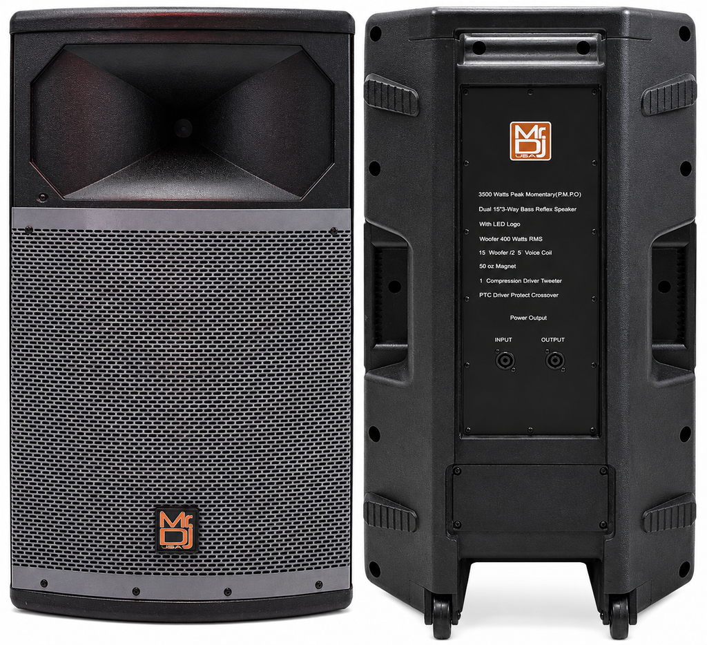 MR DJ PRO115BT & PRO115S PA DJ Active & Passive Speaker & Stands Professional PRO PA DJ 15" 2-Way Full-Range Active & Passive DJ PA Multipurpose Live Sound Loudspeaker