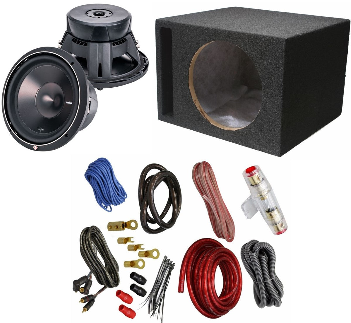 Rockford Fosgate Punch P3D4-12 12" Subwoofer + Absolute VEGS12 Box + KIT4 4 4 Gauge Amp Kit