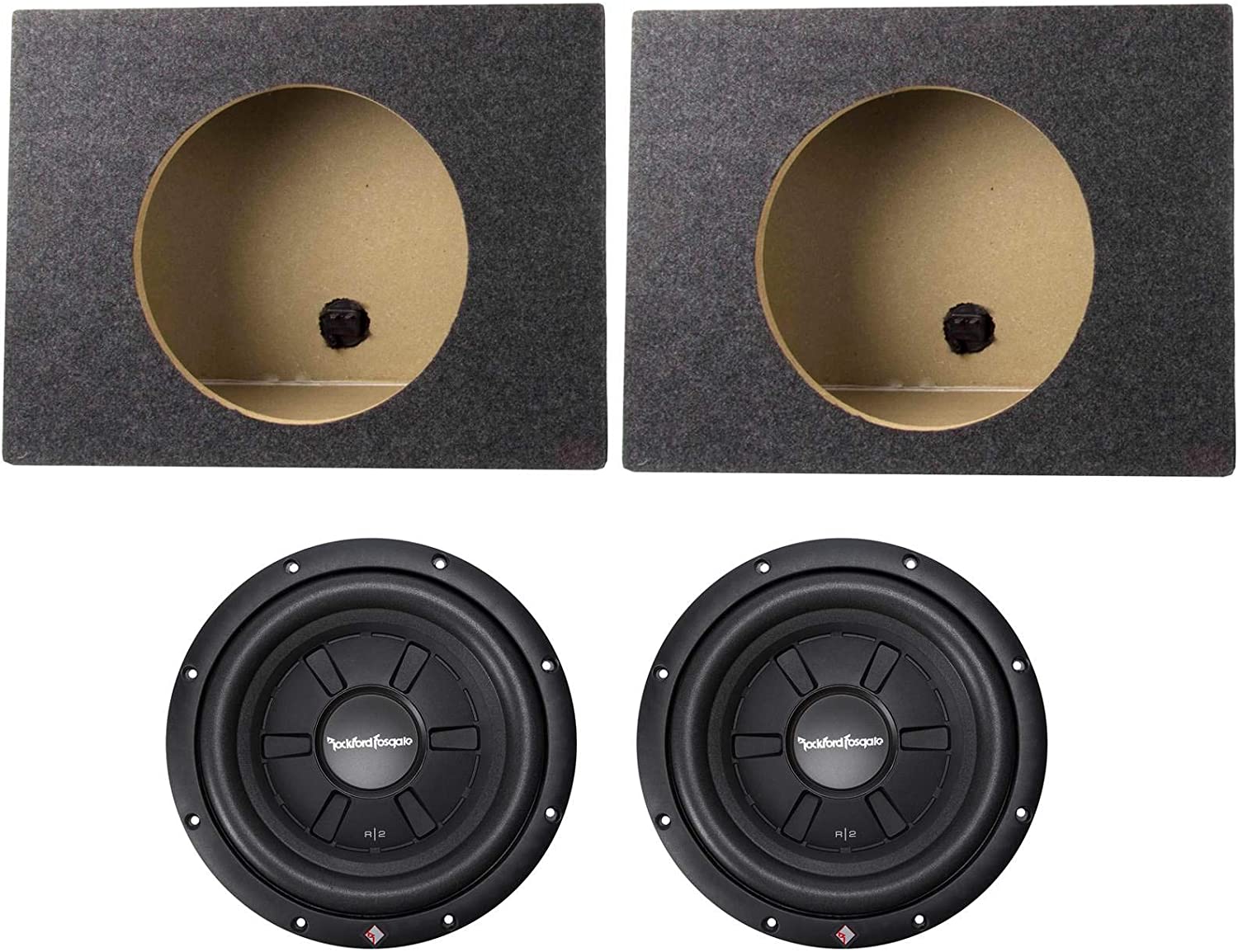 2 Rockford Fosgate Prime R2SD4-10 + 2 Single Sealed Boxes <br/>prime stage  400W Max (200W RMS) 10" shallow mount dual 4-ohm voice coils subwoofer + 2 Single Sealed Boxes