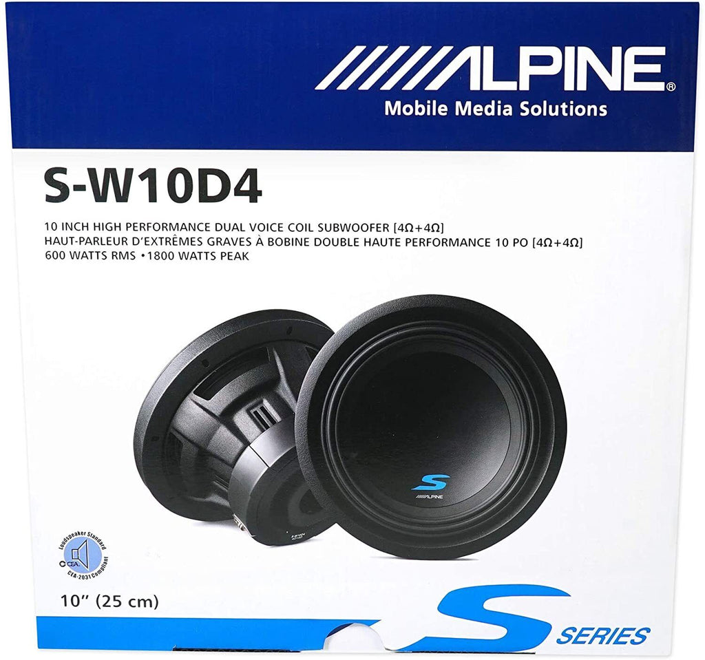 Alpine S2-W10D4 Car Subwoofer<br/> 1800W Max, 600W RMS 10" S-Series Dual 4 Ohm Car Subwoofer