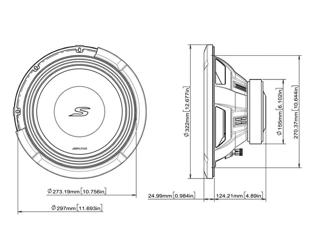 Alpine 2- S2-W12D4 12" S-Series Dual 4 Ohm Car Subwoofer & 2 KTE-12G.3 Grille