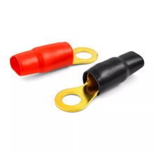 Load image into Gallery viewer, Patron P0GRT10 0 Gauge Gold Ring Terminal 10 Pack 1/0 AWG Wire Crimp Cable Red Black Boots 5/16