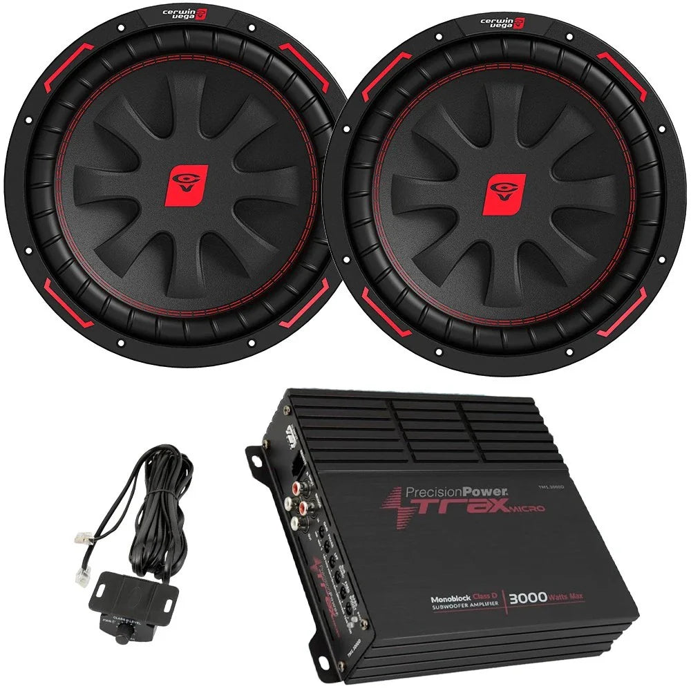 2 Cerwin Vega CVP12D4 12" Car Subwoofers & TM1.3000D 3000W Micro Mono Amplifier