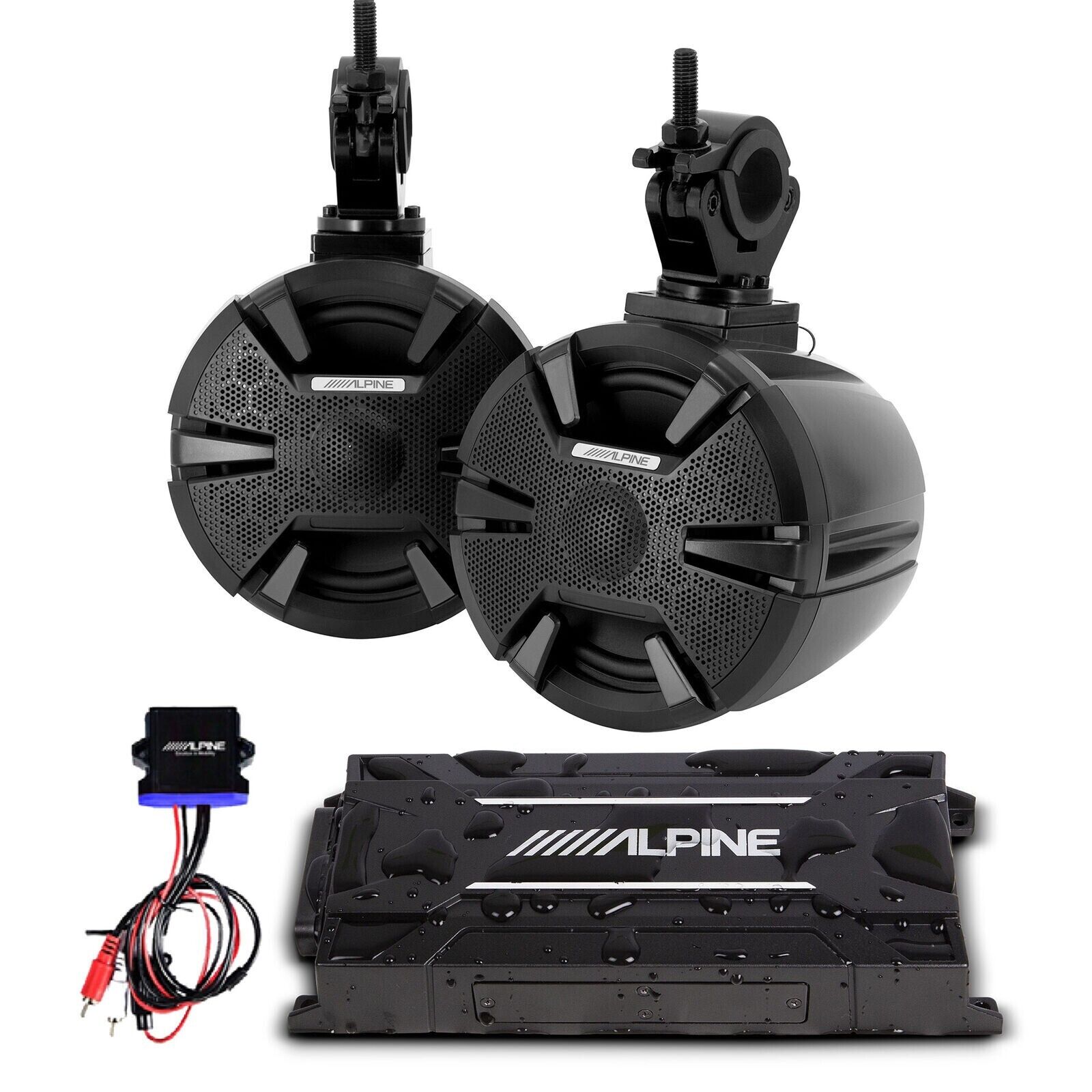 Alpine PSS-SX01 2 6.5" Wakeboard Tower Speakers + Amplifier KTA-30FW+Bluetooth For ATV/UTV/RZR