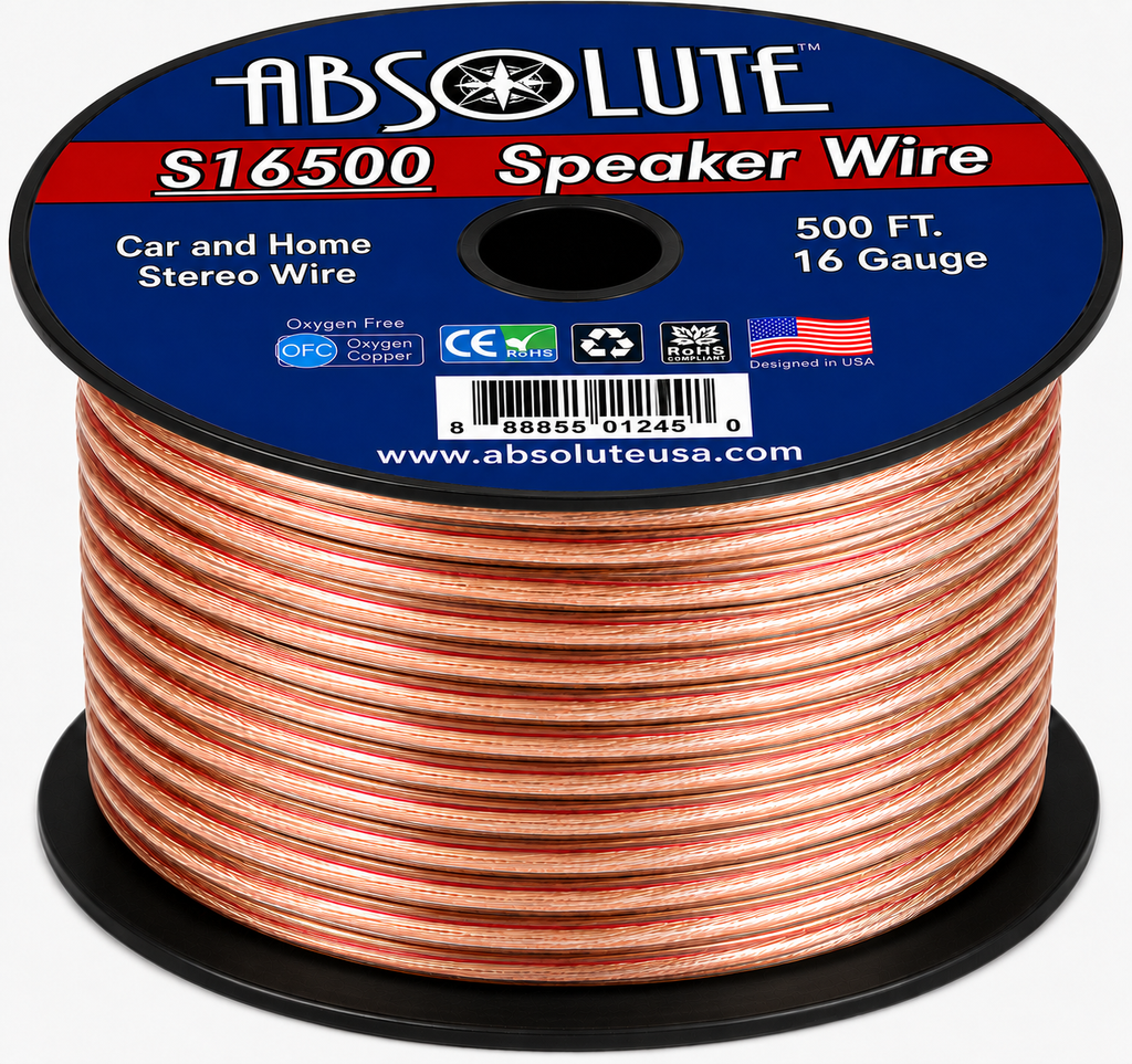 Absolute USA S16G500 16 Gauge 500 Feet Clear 2-Conductor Speaker Wire