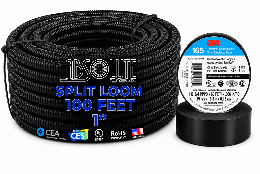 Absolute SLT10-100 100' 1" 25mm Split Wire Loom Sleeve Tube & 3M 165 Electrical Tape