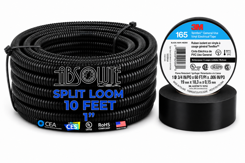 Absolute SLT10-10 10' 1" 25mm Split Wire Loom Sleeve Tube & 3M 165 Electrical Tape