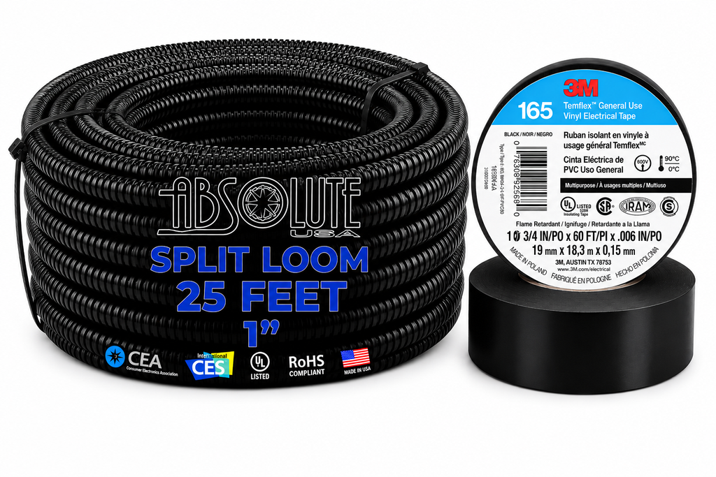 Absolute SLT10-25 3M 1700 25' 1" 25mm Split Wire Loom Conduit Polyethylene Corrugated Tubing Sleeve Tube & 3M Electrical Tape