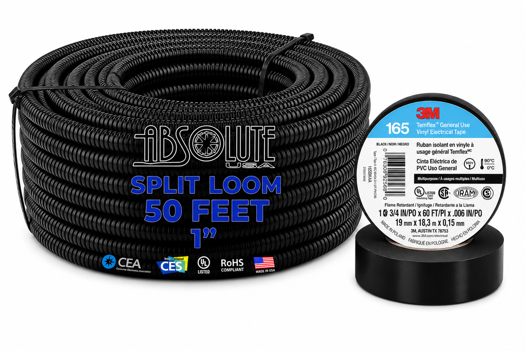 Absolute SLT10-50 50' 1" 25mm Split Wire Loom Sleeve Tube & 3M 165 Electrical Tape