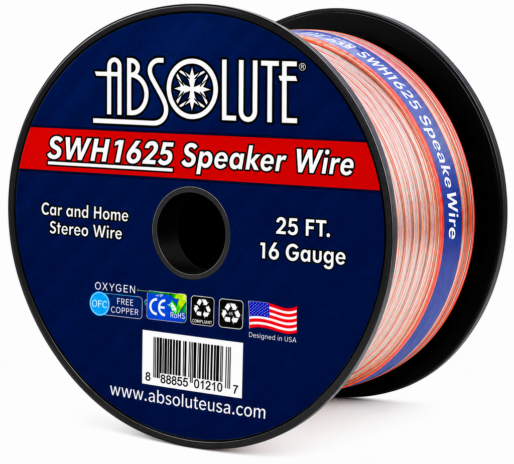 Absolute SWH1625 16 Gauge 25 Feet Clear Speaker Wire + 3/4" x 60' FT Black Electrical Tape