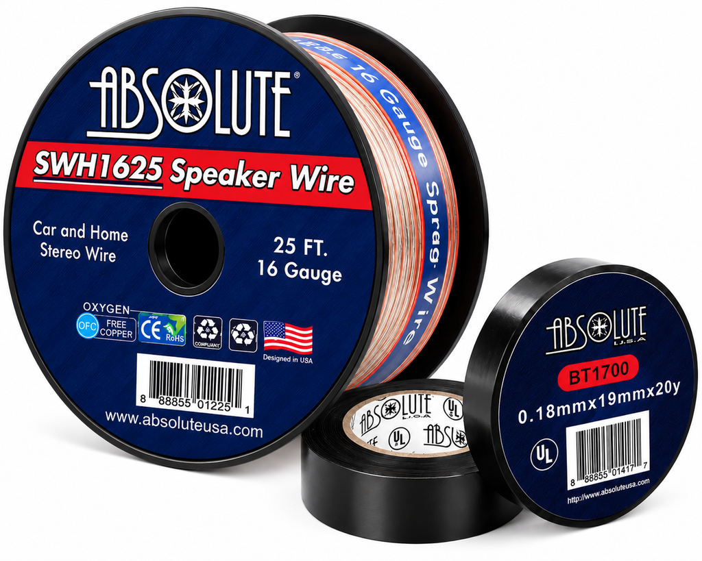 Absolute SWH1625 16 Gauge 25 Feet Clear Speaker Wire + 3/4" x 60' FT Black Electrical Tape