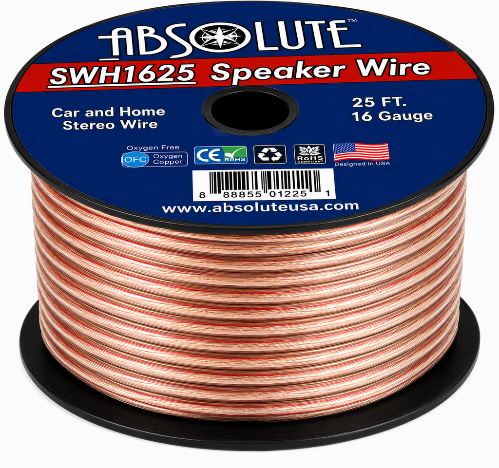 Absolute SWH1625 16 Gauge 25 Feet Clear Speaker Wire + 3/4" x 60' FT Black Electrical Tape
