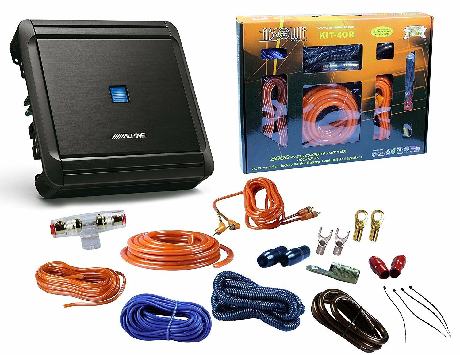 Alpine S-A60M 1-Channel 600 Watts S-Series Monoblock Class-D Amplifier + Absolute KIT4 4 Gauge Complete Amplifier Kit