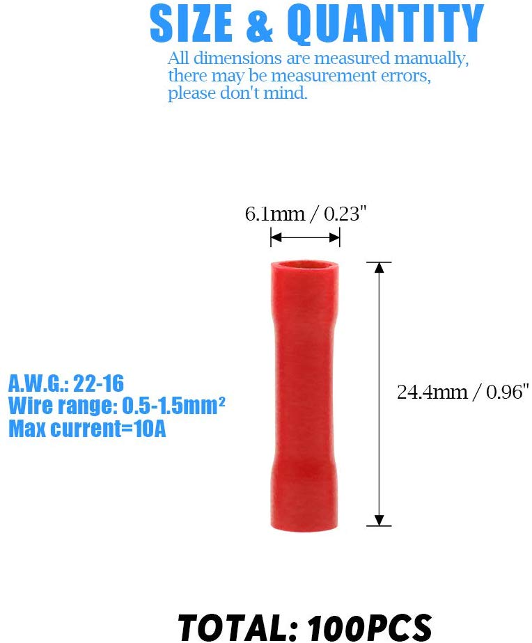 100pcs 22-16 Gauge Butt Insulated Splice Terminals Electrical Crimp Connectors