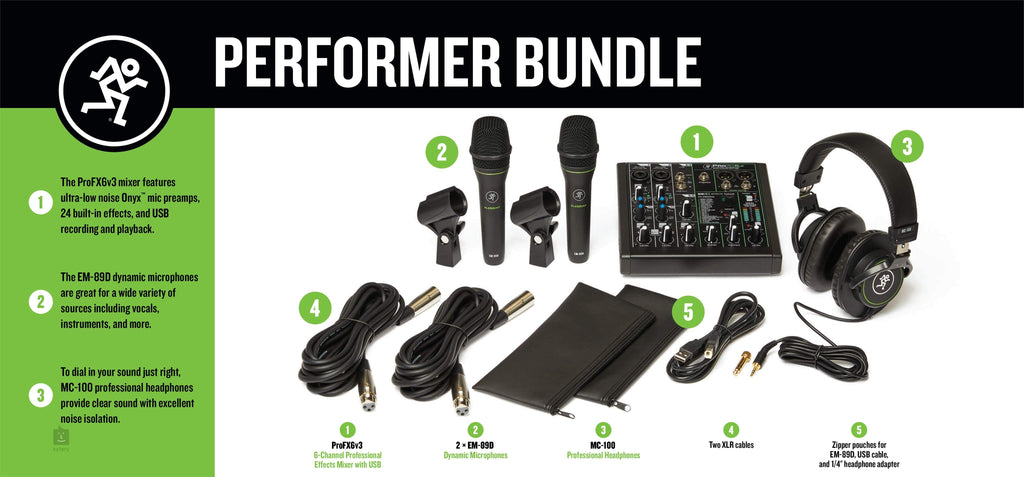 Mackie Performer Bundle With ProFX6V3 Mixer EM-89D Mics And Headphones